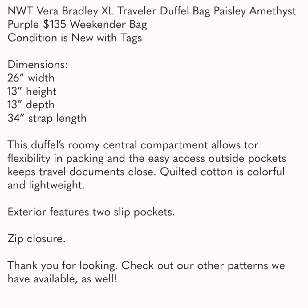 NWT vera bradley xl duffel bag paisley amethyst - Picture 4 of 5